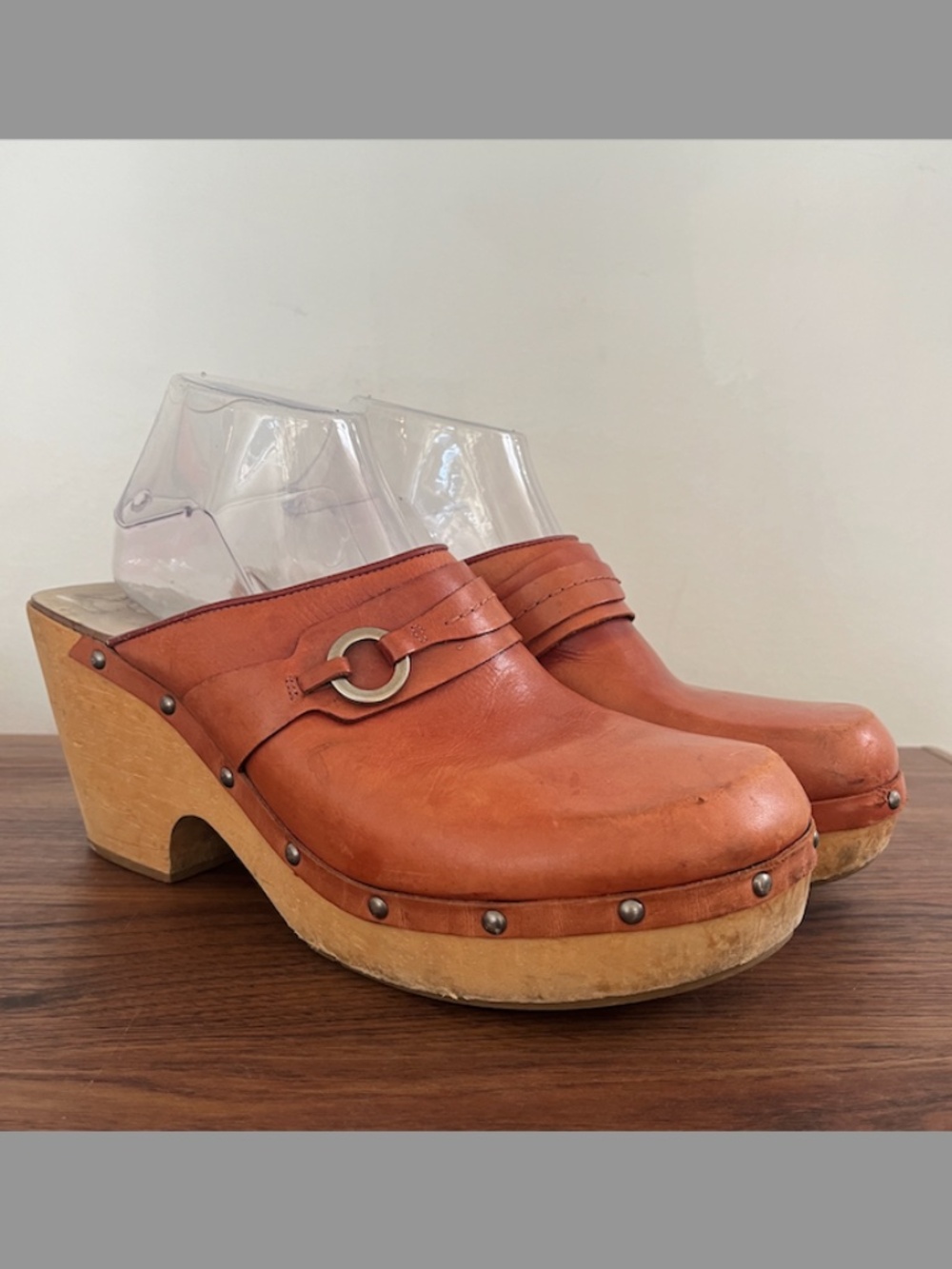 VTG Nine West Rust Red Leather Silver Wooden Clog Boho PhoebeBuffay sz 10 Euro